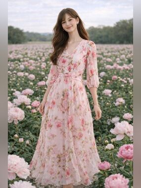 100% Natural Silk Dress for Women V Neck 3/4 Sleeve Floral Printed Elegant Dress